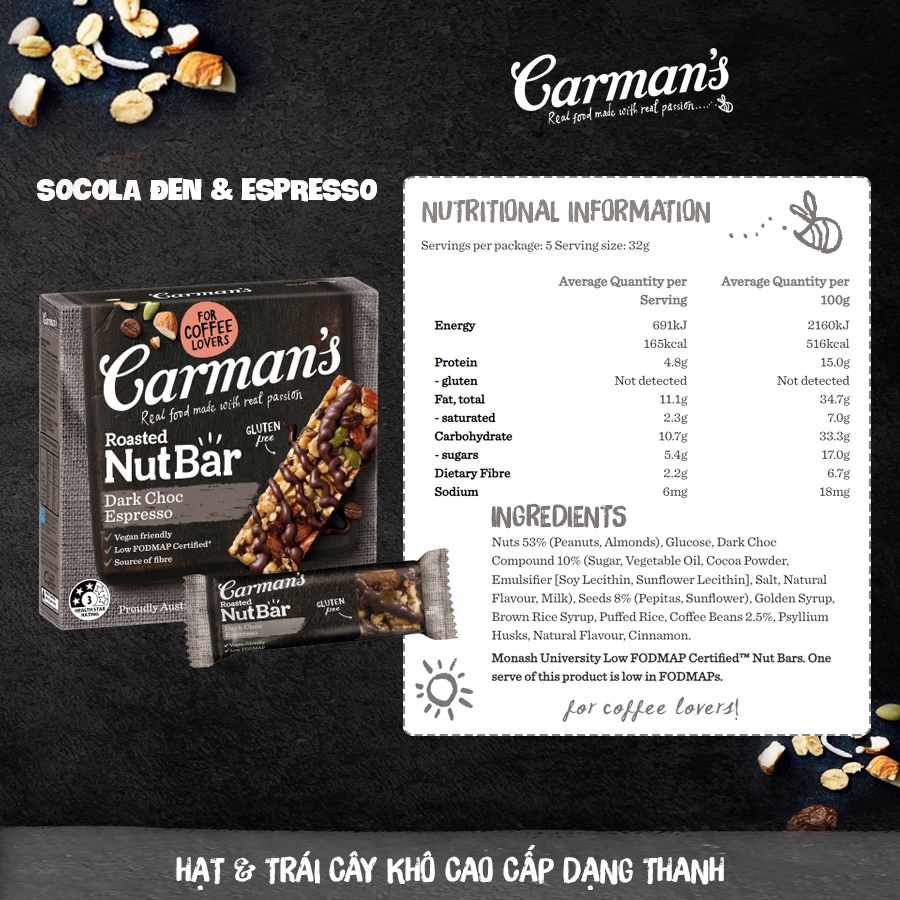 Thanh Dinh Dưỡng Carman's Không Gluten Vị Socola Đen &amp; Espresso - Nut Bars Dark Choc Espresso Hộp 5×32g