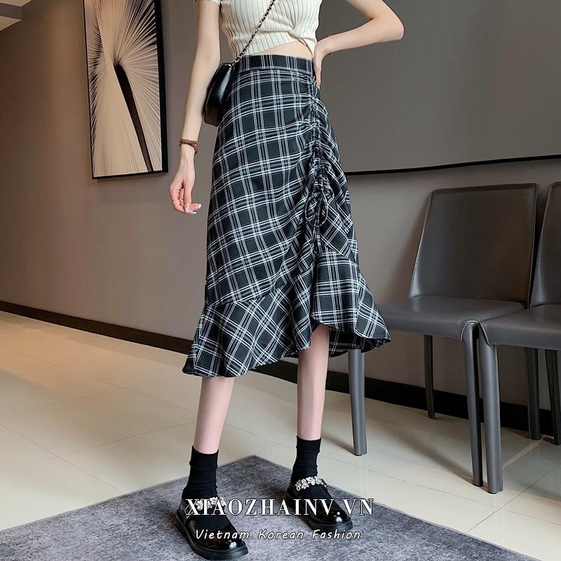 [Mã FAGREEN55 giảm tới 30K đơn 99K] Xiaozhainv Chân váy chữ A phối dây rút lưng cao họa tiết kẻ sọc kiểu đuôi cá | BigBuy360 - bigbuy360.vn