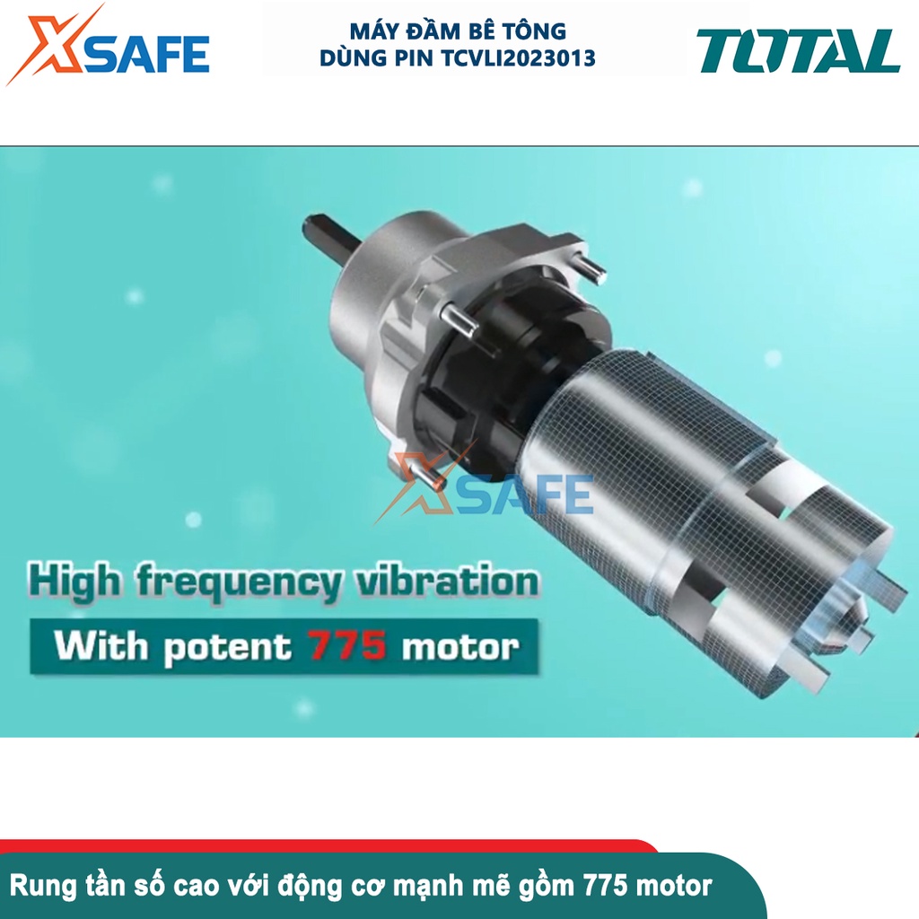 Máy đầm bê tông dùng pin Lithium-ion 20V TOTAL TCVLI2023013, kích thước dây đàm: Φ35x120mm, tốc độ không tải: 2300 v/p