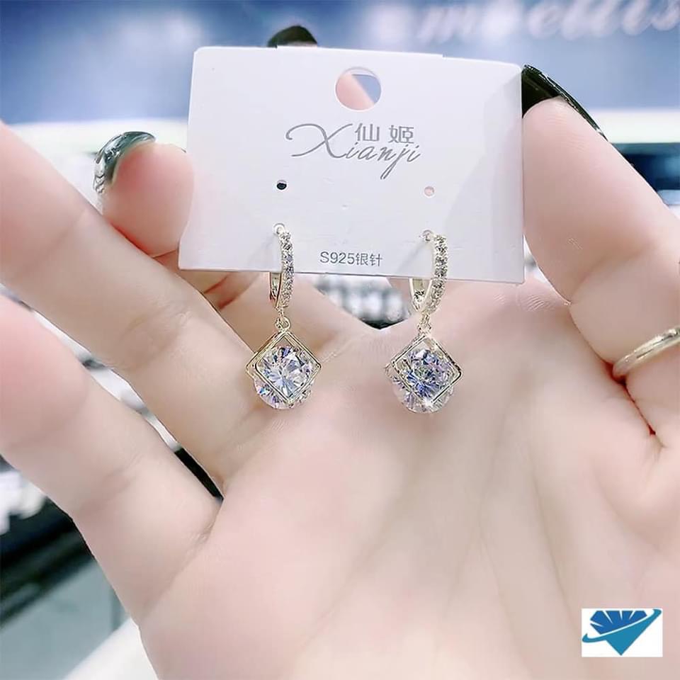 Bông tai khoen tròn đính đá treo rubic mẫu mới trẻ trung LINH MIU SILVER