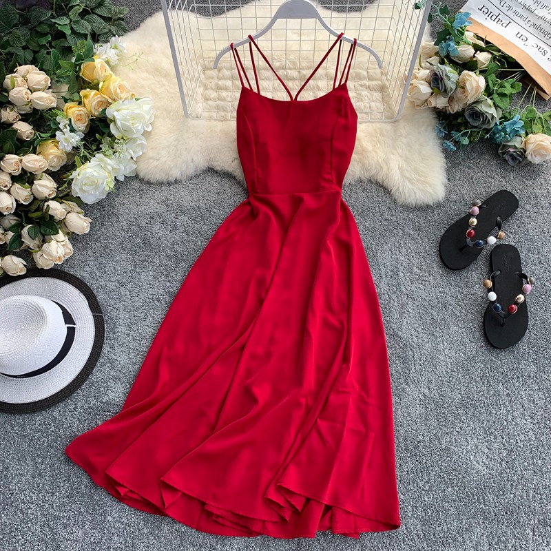 (sẵn đỏ S) Váy đầm maxi hở lưng 2 dây đan chéo dây ngực màu xanh, đen, trắng, vàng, đỏ siêu xinh | BigBuy360 - bigbuy360.vn