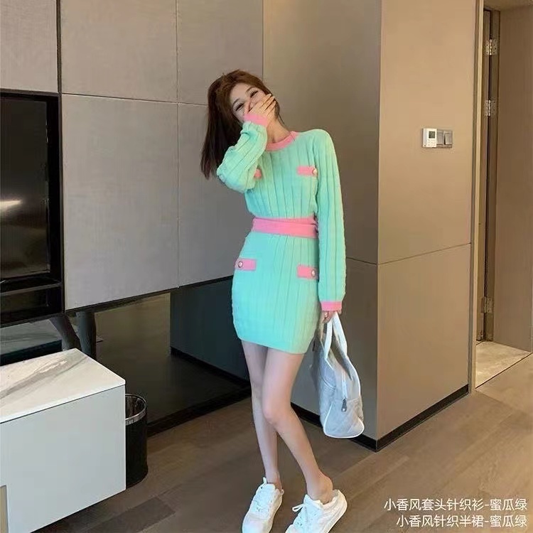 Set trang phục SUXI áo kiểu tay dài và chân váy ngắn dệt kim ôm dáng vừa vặn màu sắc xinh xắn thời trang mùa thu cho nữ