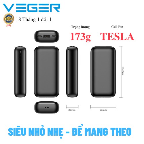 Sạc Dự Phòng Siêu Nhỏ VEGER JERRY Sạc Nhanh 20W PD 10,000 mAH -Qualcomm Quick Charge 3.0, Lõi Tesla X7 Made in Japan