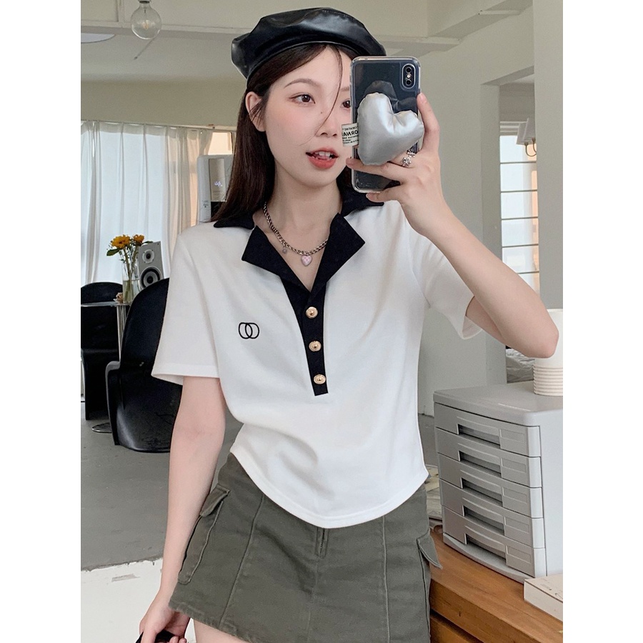 Áo thun ZHELIHANGFEI dệt kim cổ polo tay ngắn phong cách xinh xắn trẻ trung