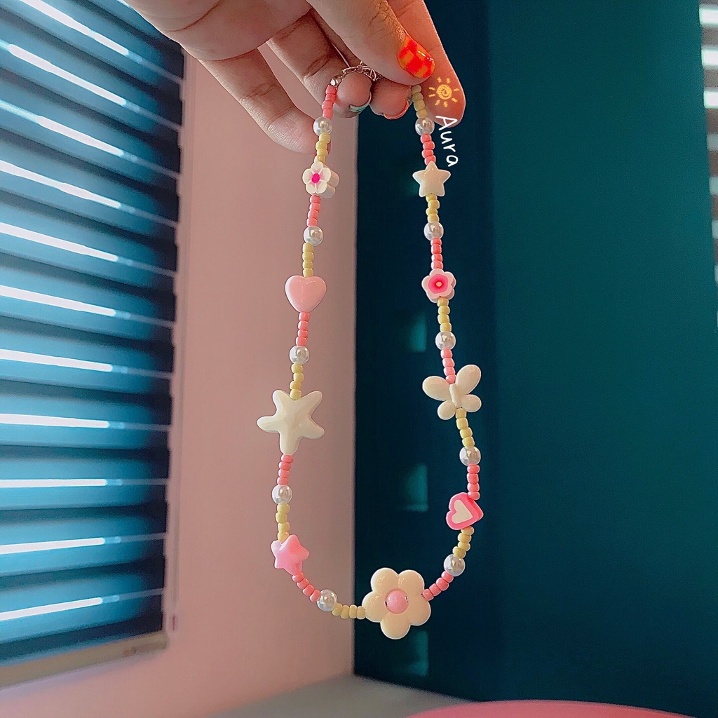 Vòng cổ Hoa trắng tone hồng Pastel Handmade Aura