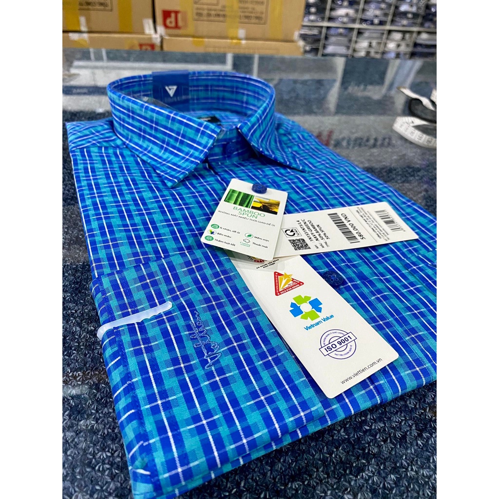 ÁO SƠ MI CHÍNH HÃNG ♥💕 FREESHIP💕♥ ÁO VIỆT TIẾN DÀI TAY LAI BẦU  mẫu sọc caro xanh