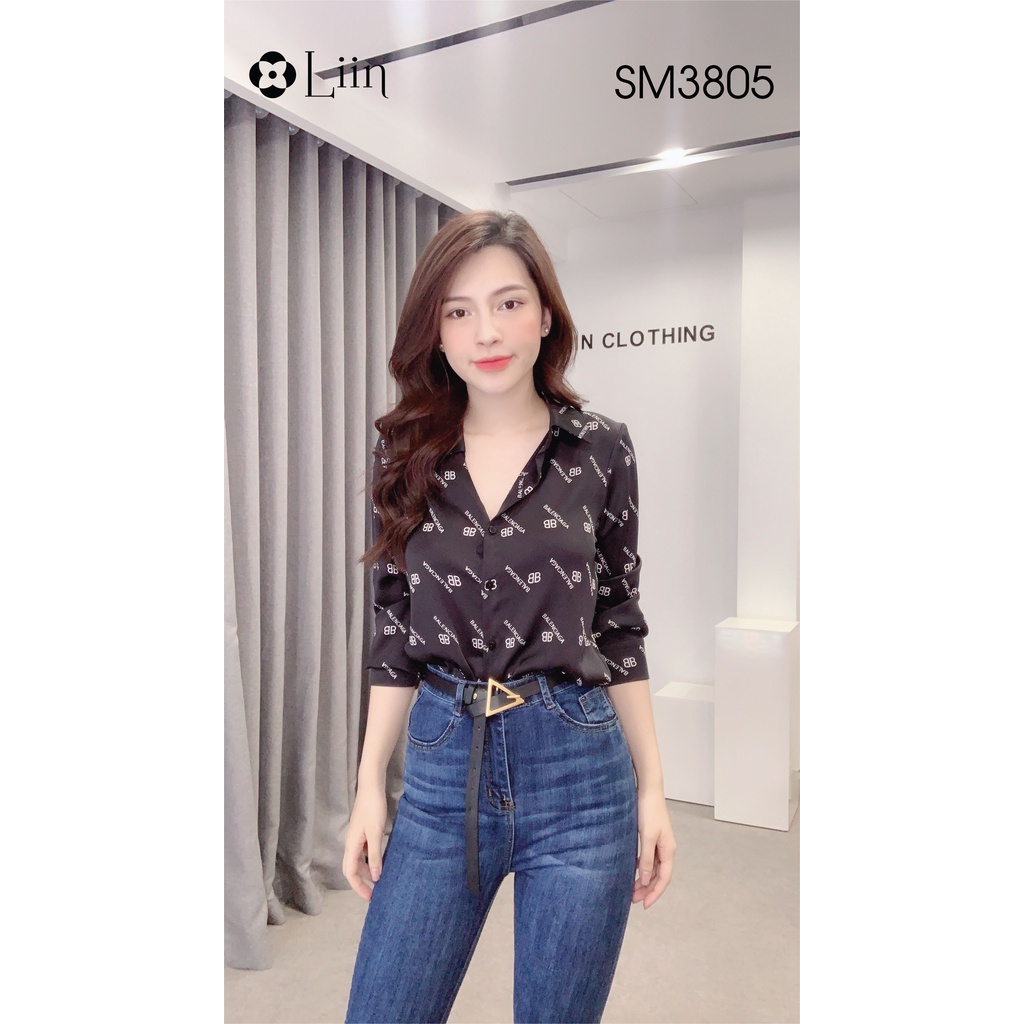 Áo Sơ Mi nữ màu Đen họa tiết Chữ cá tính, chất liệu lụa đẹp, dễ mix đồ Liin Clothing SM3805