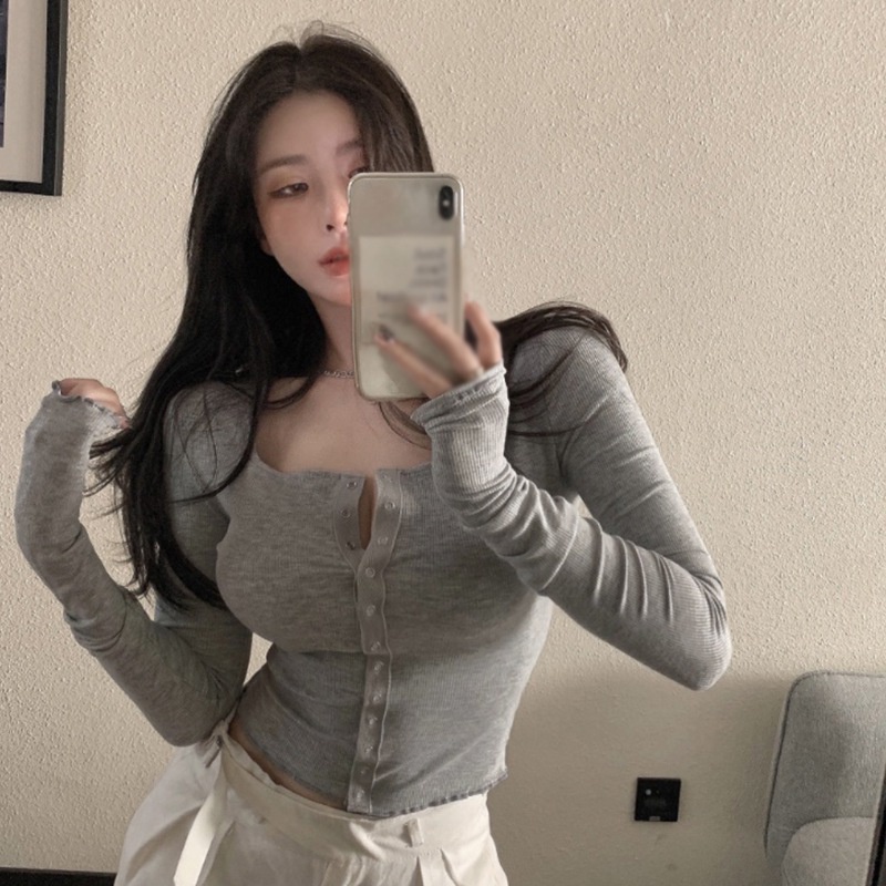 Áo thun tay dài cổ chữ V thời trang cho nữ