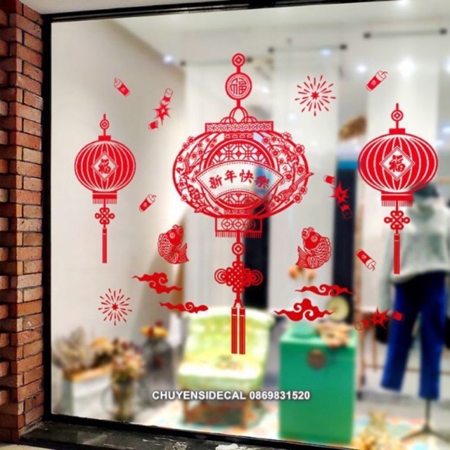 Decal dán Tết - Lồng đèn Quạt đỏ mới Tân Xuân