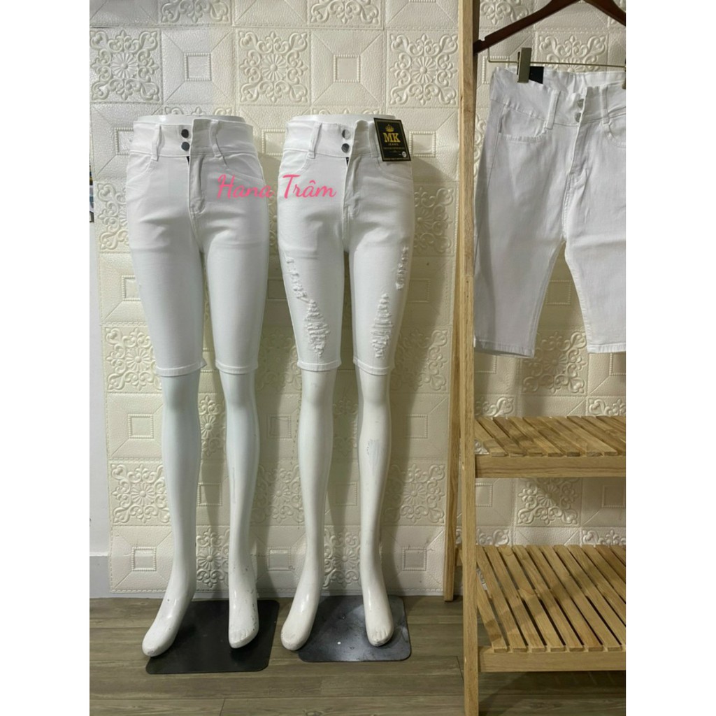 Quần jean lửng gối hàng lưng cao 2 nút co giãn mạnh màu trắng