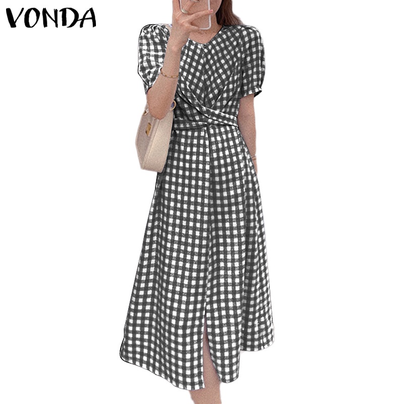 Đầm nữ dài VONDA kẻ ô tay ngắn cổ tròn thường ngày phong cách Hàn Quốc