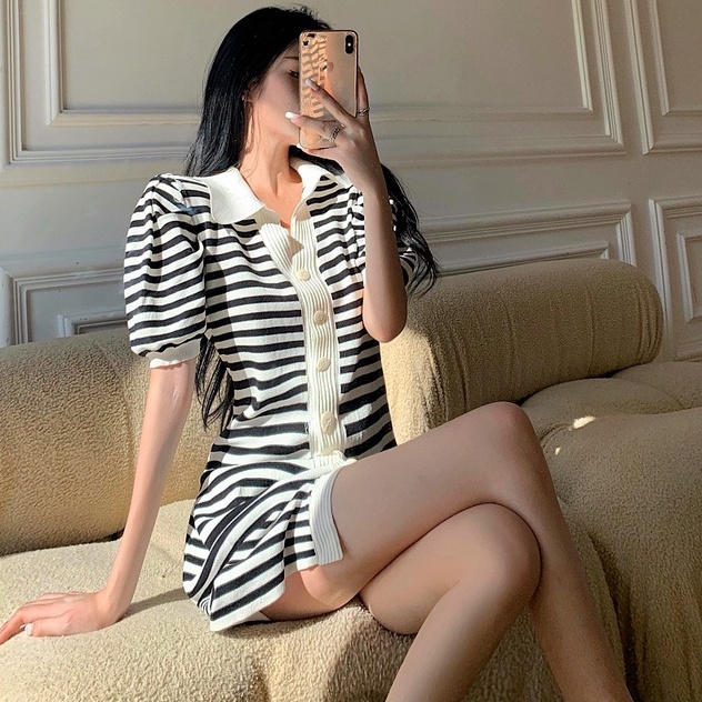 Đầm ZHELIHANGFEI dệt kim cổ polo họa tiết kẻ sọc thời trang trẻ trung dành cho nữ