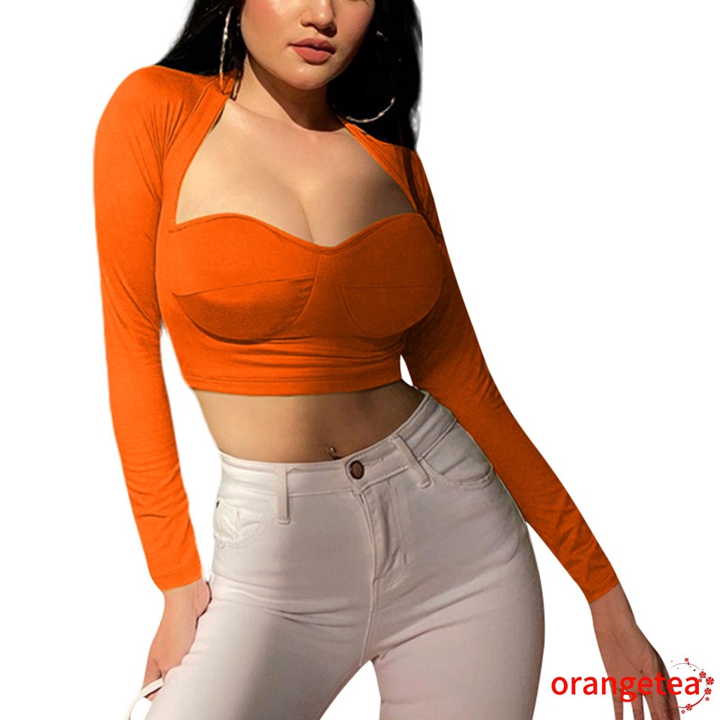 Áo Croptop Tay Dài Cổ Chữ V Màu Sắc Thanh Lịch