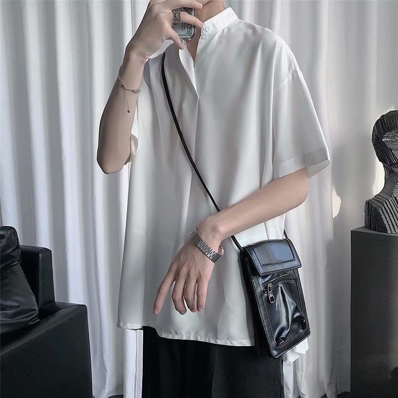 Áo Sơ Mi Trắng Cổ Tròn Dáng Rộng Tay Ngắn Phong Cách Hàn Quốc Thời Trang Mùa Hè Hàng Mới Dành Cho Nam 2021