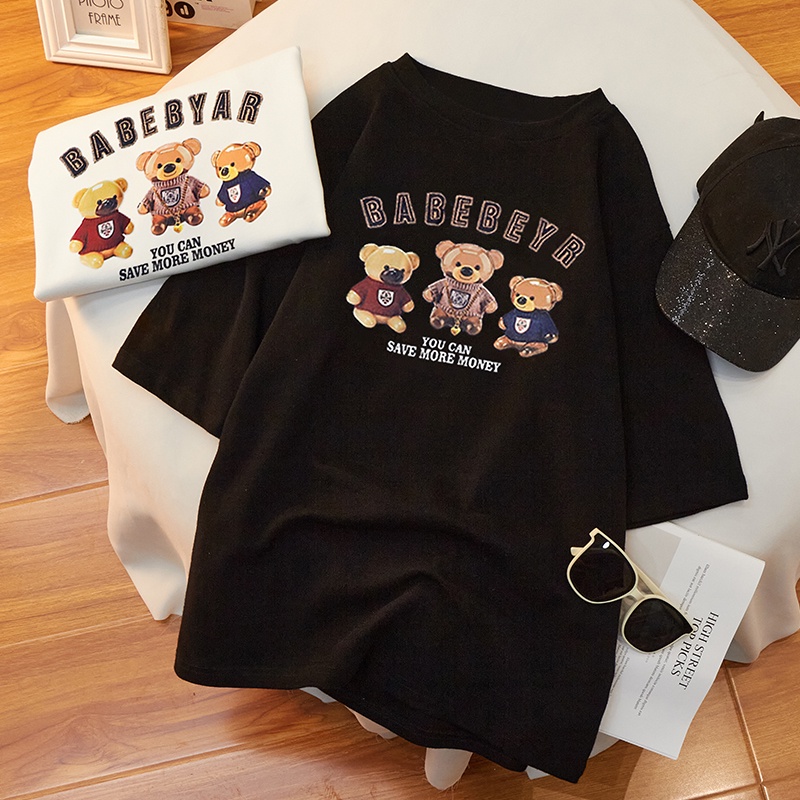 NRVP Áo thun cổ tròn ngắn tay in hình gấu thời trang mùa hè Hàn Quốc 2022 dành cho nữ