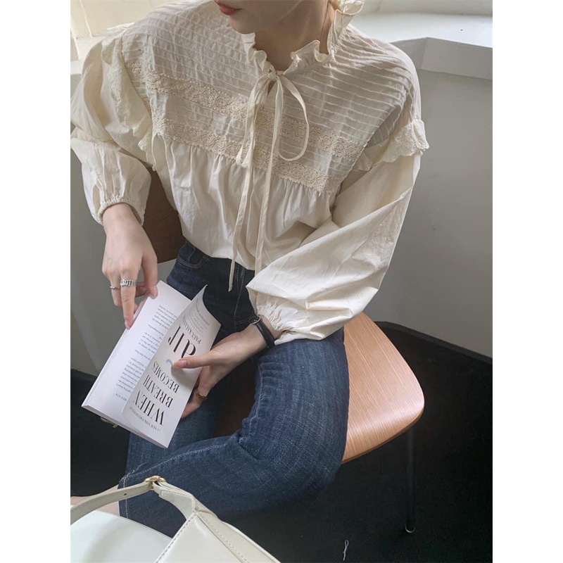 Áo babydoll ren ngực bèo cổ thắt nơ siêu xinh - Áo sơ mi cánh tiên viền bèo cách điệu ulzzang