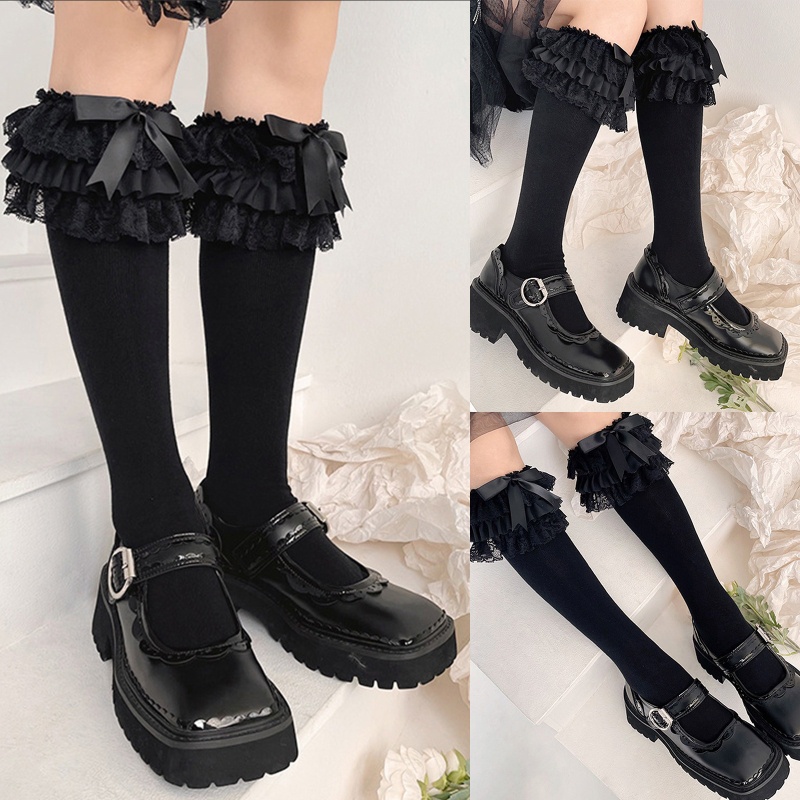 1 Cặp Tất Ren Phối Nơ Dài Đến Đầu Gối Màu Trắng Đen Phong Cách Lolita Cho Nữ
