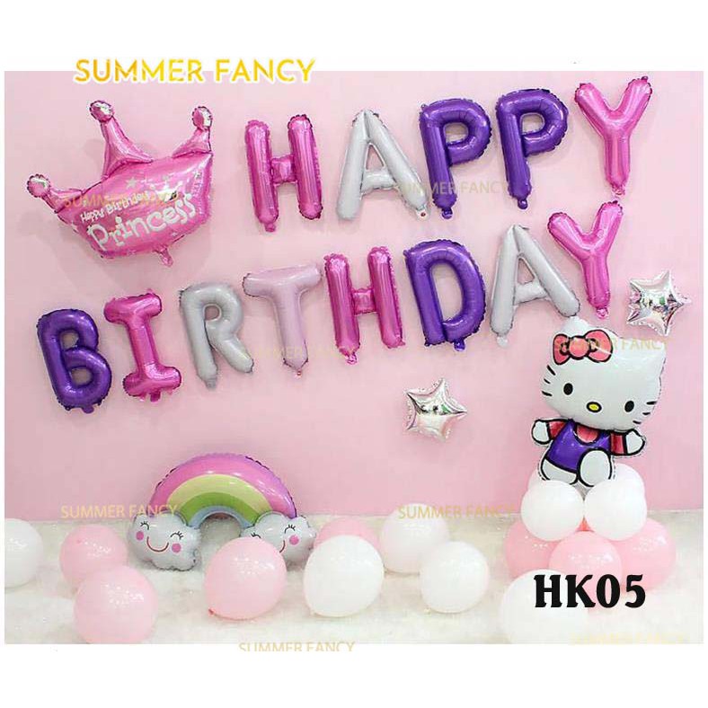 [ TẶNG BƠM + KEO ]Set bóng mèo kitty +sinh nhật hồng Happy birthday - trang trí thôi nôi cho bé gái - Foil balloon