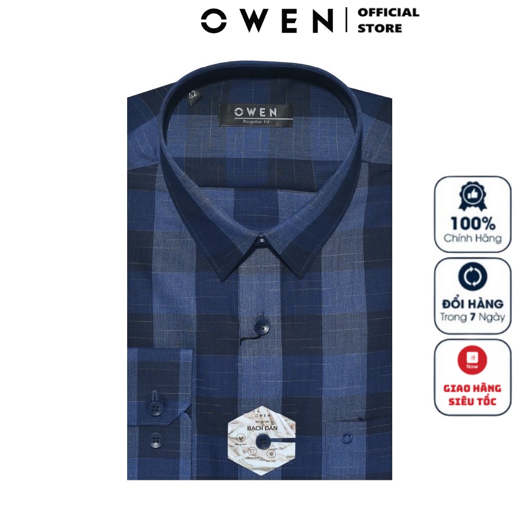 Áo Sơ Mi Nam Dài Tay Owen AR23391D Somi Công Sở Cao Cấp Màu Xanh Navy Đậm Kẻ Caro To Dáng Suông Có Túi Chất Sợi Bạch Đàn