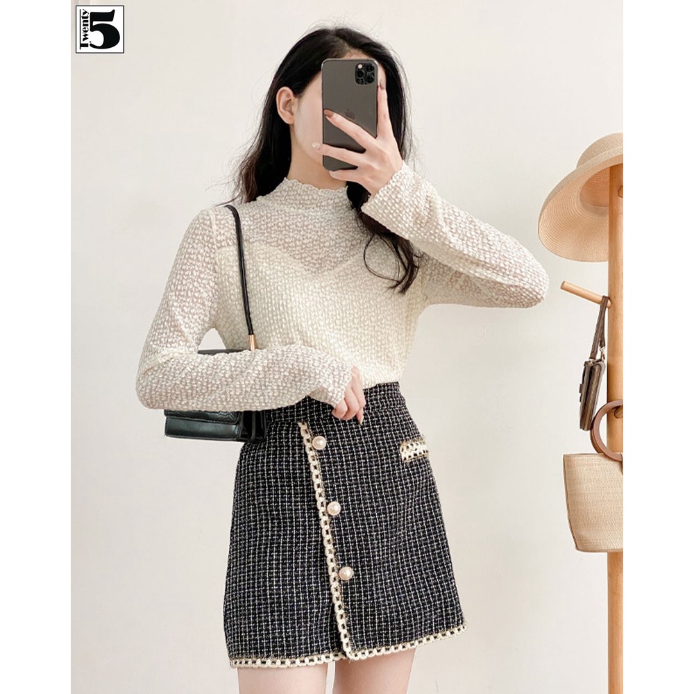 Chân váy dạ tweed Twentyfive chữ A form nhỏ vạt chéo viền kim tuyến lót quần 3894