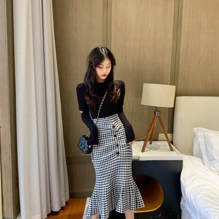  NN045_ Ảnh thật _Chân váy len đuôi cá kẻ caro Chân váy dài hàng Quảng Châu 