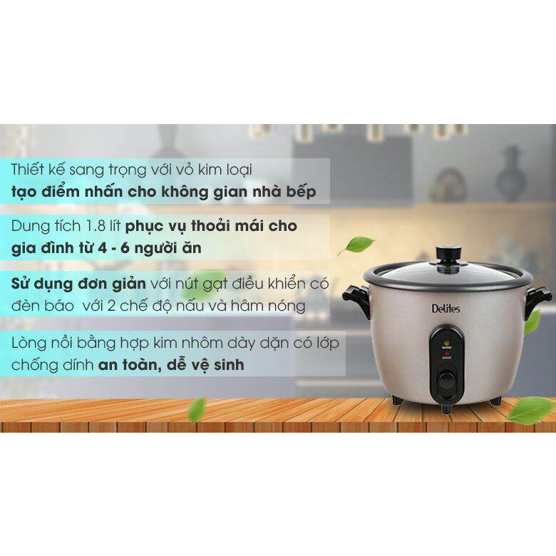 Nồi cơm điện nắp rời Delites 1.8 lít RC-10W003-Chính Hãng trưng bày 99%-Dung tích 1.8 lít