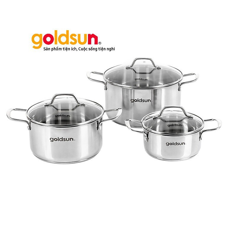 [GOLDSUN VIỆT NAM] 🥘🥘🥘 BỘ 3 NỒI INOX ❤️ 16cm, 20cm, 24cm GOLDSUN GD18-3306SG ❤️