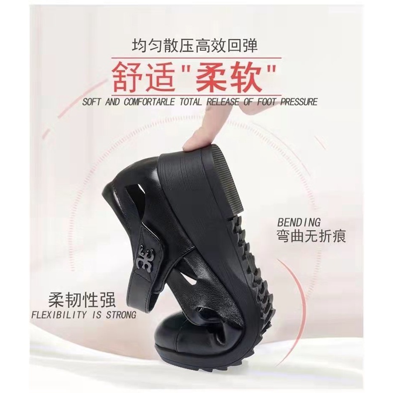 Giày Sandal Da Thật Đế Xuồng Mềm Mũi Tròn Thời Trang Cho Phụ Nữ Trung Niên