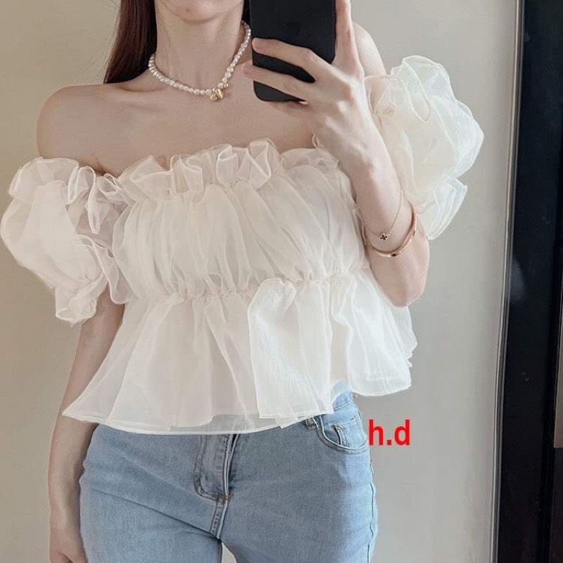 Áo trễ vai tay bồng voan lụa 2 lớp cộc tay kiểu dáng hàn quốc ulzzang vintage tiểu thư ❤Croptop Tay Phồng Màu Trơn