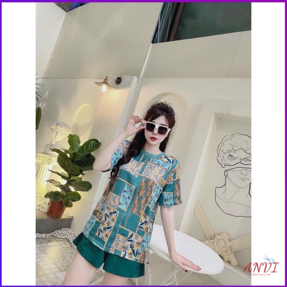 Đồ Bộ Mặc Nhà Nữ ANVI,  Bộ Ngủ Nữ  Áo Cổ Tròn Tay Lở Chất Lụa Họa Tiết Phối Quần Short Màu Trơn Lưng Thun . | BigBuy360 - bigbuy360.vn