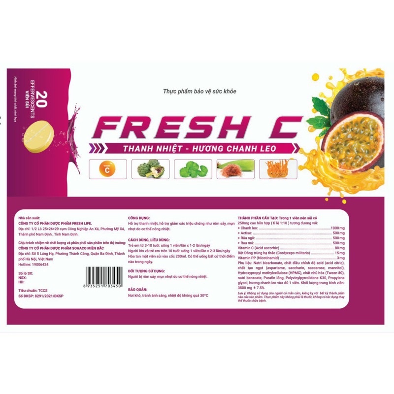 Viên sủi FRESH - C (tuýp 20 viên) Hương Cam, Hương Chanh, Hương Chanh Leo giúp Thanh nhiệt, Tăng đề kháng cho cơ thể