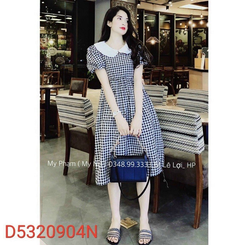 Đầm babydoll caro cổ bèo dễ thương