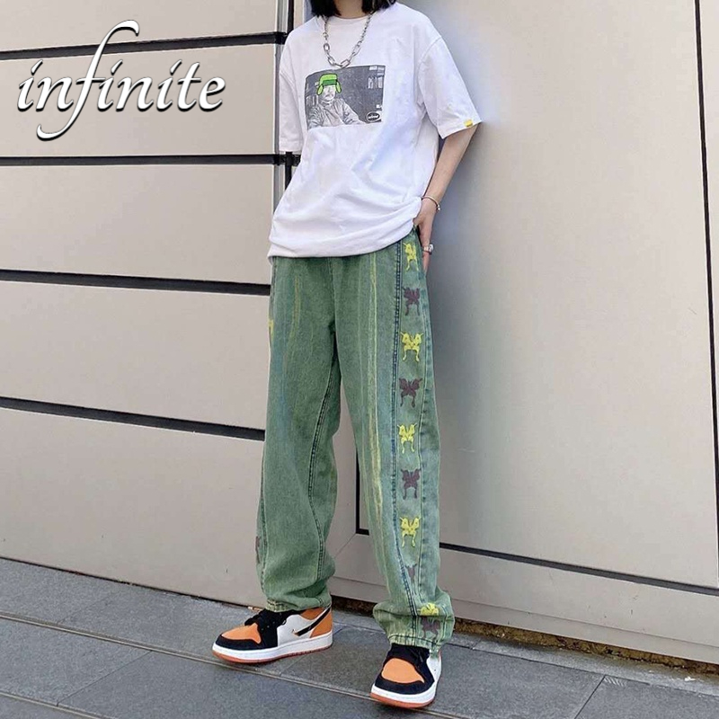 Quần Jean Ống Rộng Thêu Hình Bướm Màu Gradient Phong Cách Hip Hop Hàn Quốc Thời Trang Cho Nam Và Nữ