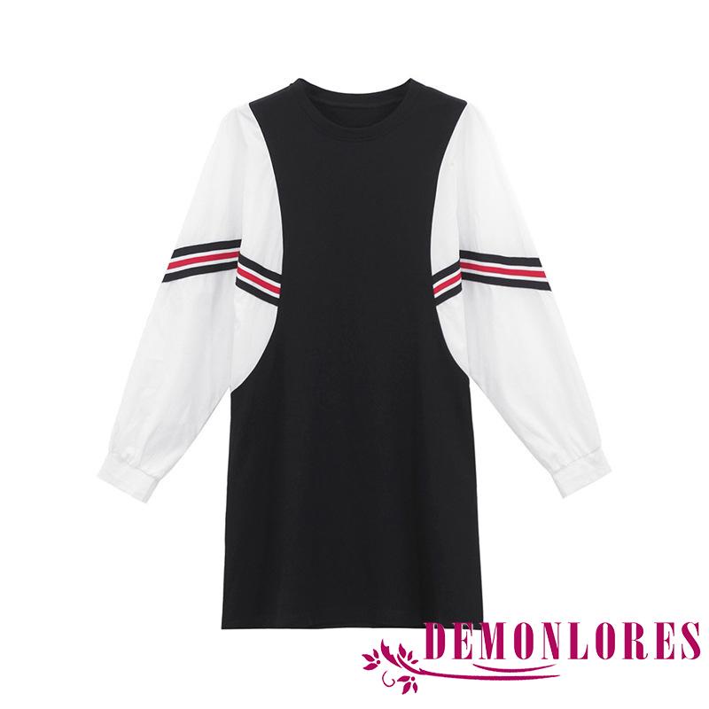 Đầm ngắn cổ tròn tay dài phối màu tương phản thời trang cho nữ