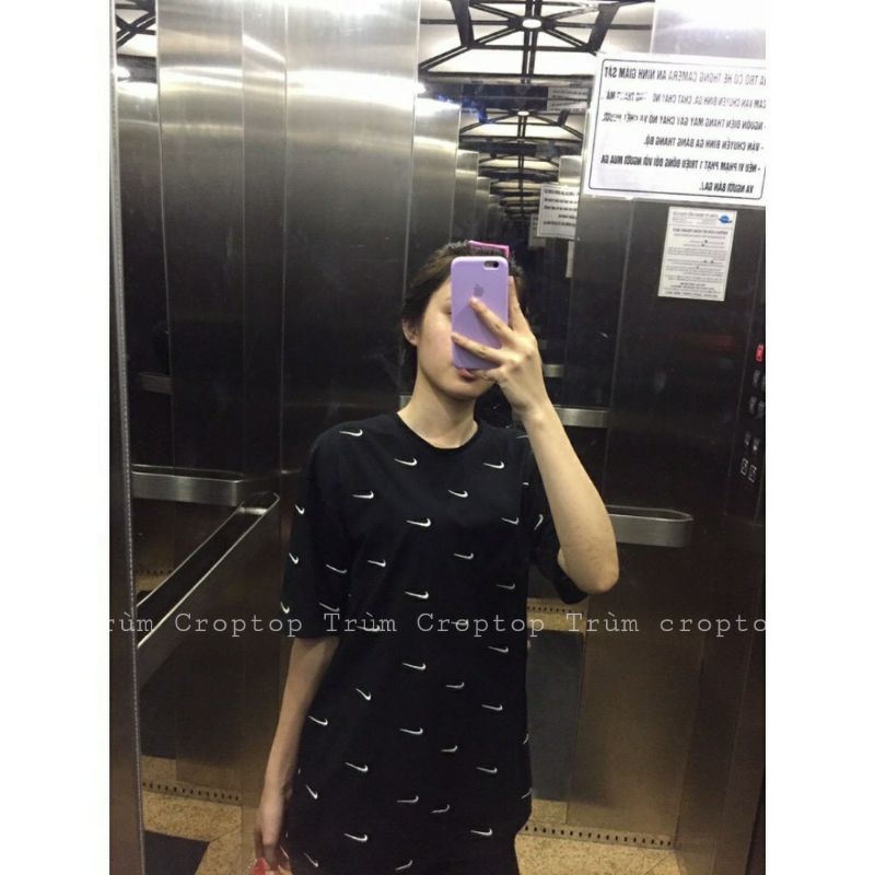 Áo thun tay lỡ nam nữ in hình Nilkeee toàn thân 2 màu đen trắng , Áo phông rộng form freesize dưới 65kg