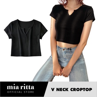 Áo croptop cổ tròn khoét V cộc tay thun Mia Ritta A2075 Ảnh thật