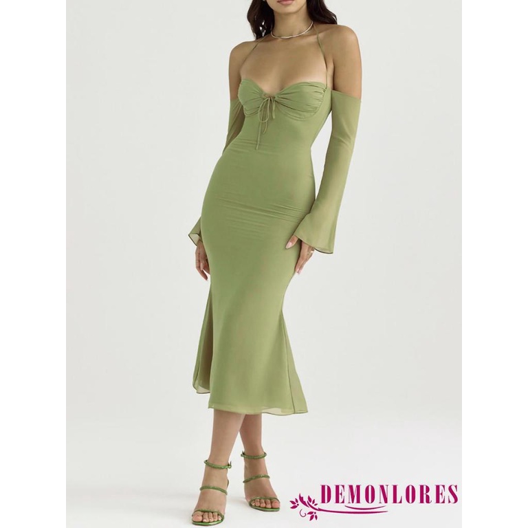 Đầm Đuôi Cá Tay Dài Cổ Khoét Sâu Màu Sắc Trơn Thanh Lịch Cho Nữ