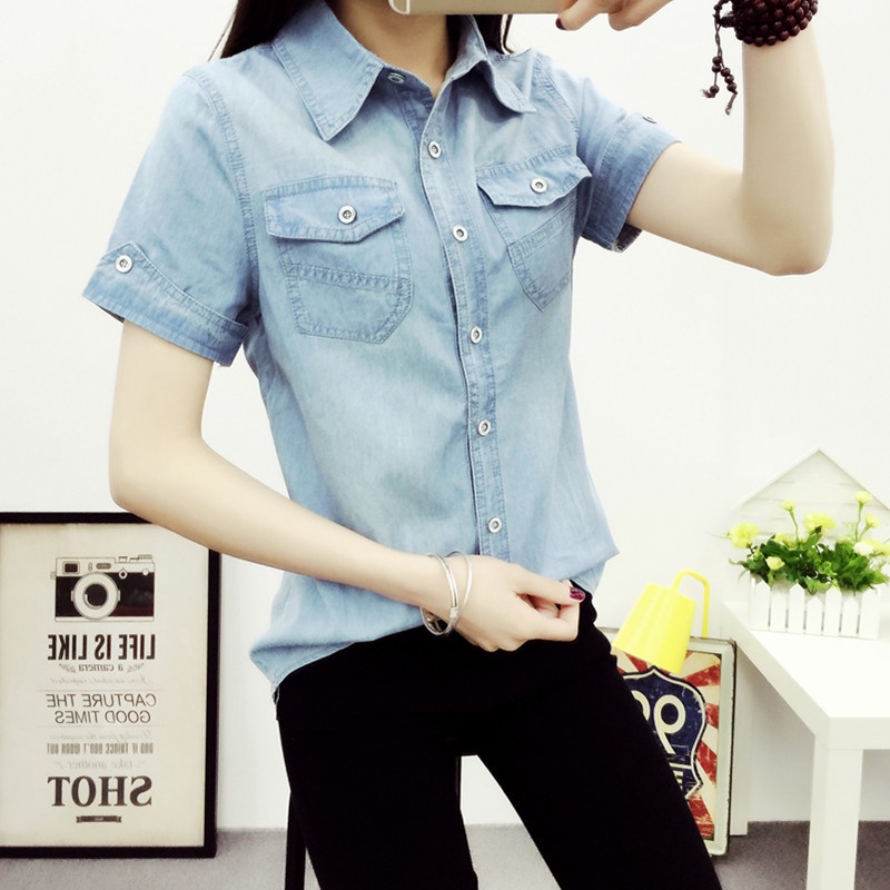 Áo Sơ Mi Denim Tay Ngắn Dáng Ôm Phong Cách Hàn Quốc Thời Trang Cho Nữ