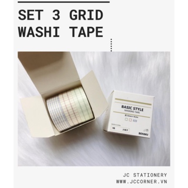 Hộp 3 Cuộn Washi Tape Grid Kẻ Ô Vuông - Masking Tape Băng Keo Giấy Trang Trí Sổ Bullet Journal