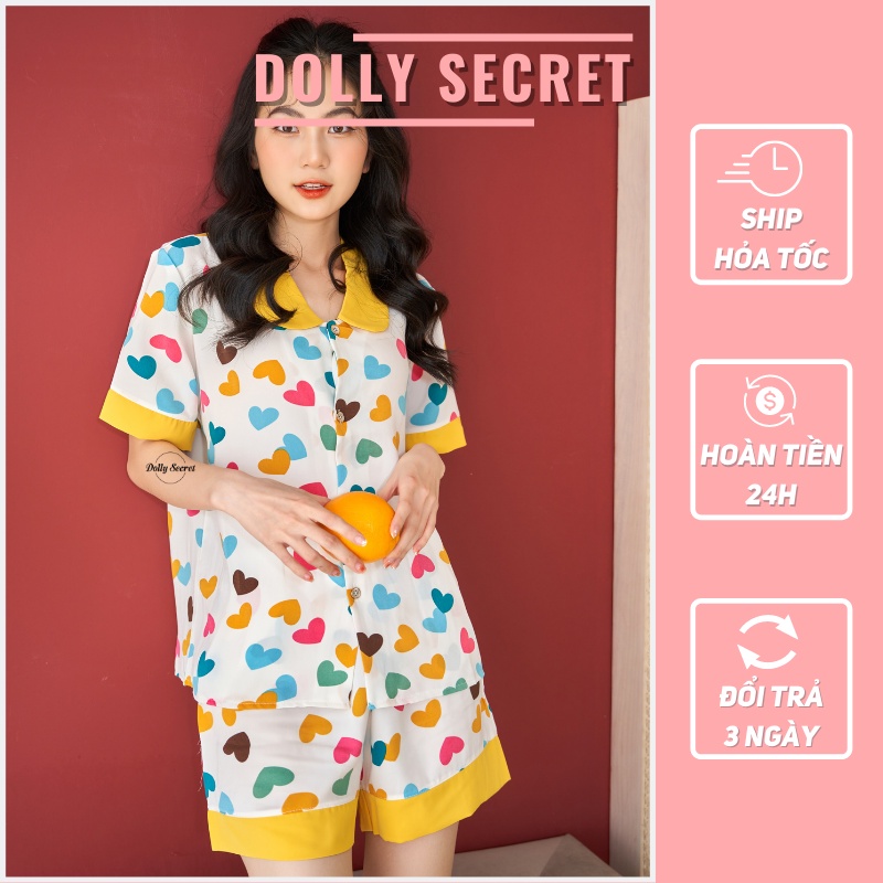Đồ bộ Pijama ngắn tay cộc quần đùi lụa mango cổ tròn họa tiết trái tim chấm bi đáng yêu DOLLY SECRET CC04
