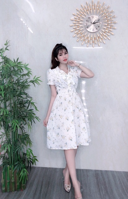 ẢNH CHỤP THẬT - Đầm xoè lụa hoa tiểu thư nơ cổ -MS12B- Free size đến 56kg