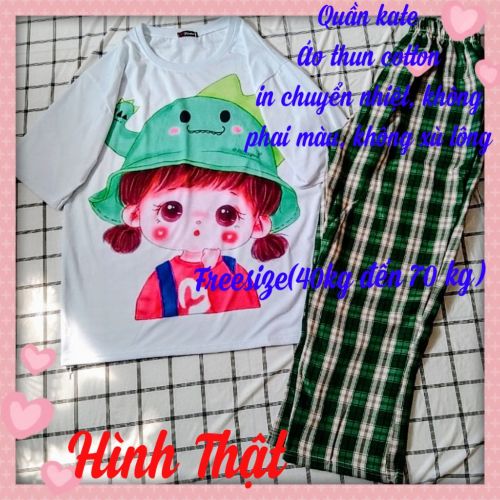 Set đồ nữ quần kẻ caro ống rộng, áo thun Unisex tay lỡ CHILL SHOP, thoáng mát freesize dưới 60kg | BigBuy360 - bigbuy360.vn