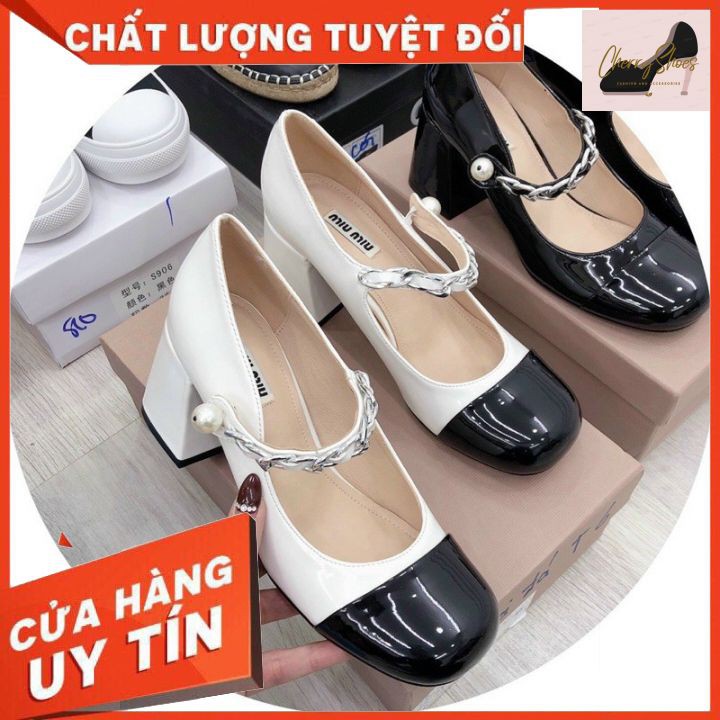 Đầm Miumiu Cực Hót Quai Xích Ngọc Gót Vuông Vá Mũi Da Bóng Mềm Êm (Fullbox Phụ Kiện Cao Cấp)