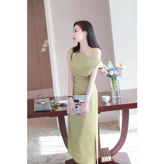 VÁY LỤA LỆCH VAI DÚM EO