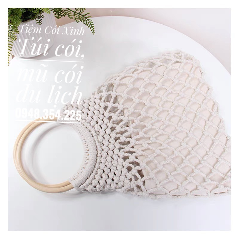 Túi Tote Lưới Đi Biển Thời Trang Đan Macrame Quai Gỗ Có Lót Vải Đựng Đồ Tiện Dụng Phong Cách Boho