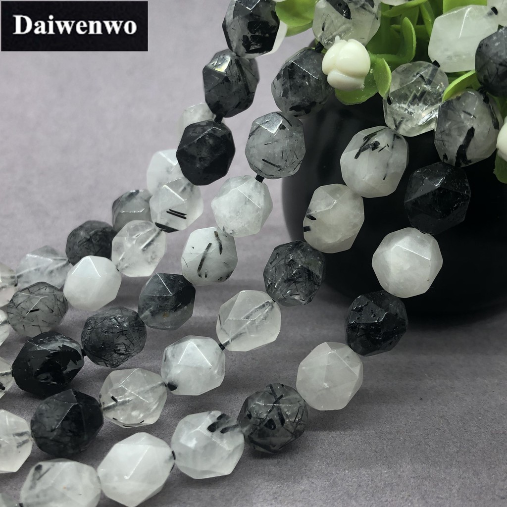 Chuỗi hạt đá thạch anh đen tự nhiên hình học 6-12mm dành cho làm đồ trang sức DIY