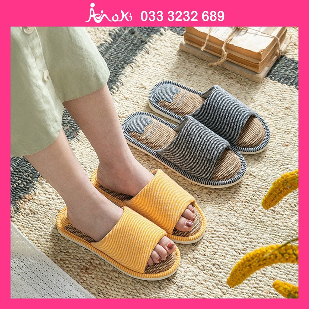 Dép Vải Cói Đi Trong Nhà LuLuPoy Xuất Nhật Moki Mart, Dép Bông Đi Trong Nhà Unisex Hở Mũi Bốn Mùa Đế Cao Su