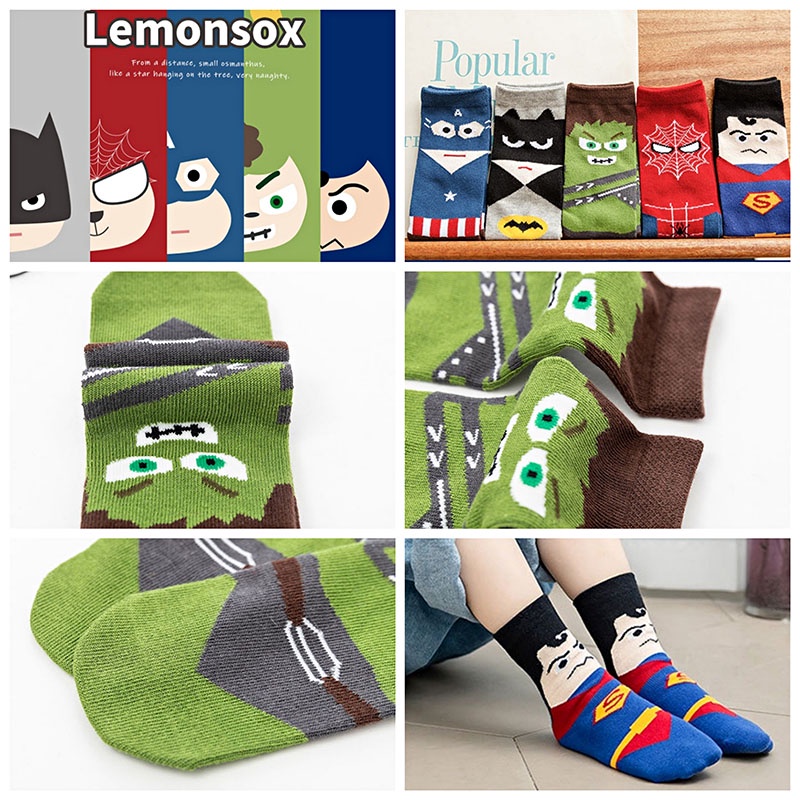 SUGE Set 5 Đôi Vớ cotton Nguyên Chất Họa Tiết Hoạt Hình Spiderman Superman Captain America Batman Series Cho Bé Trai Và Bé Gái