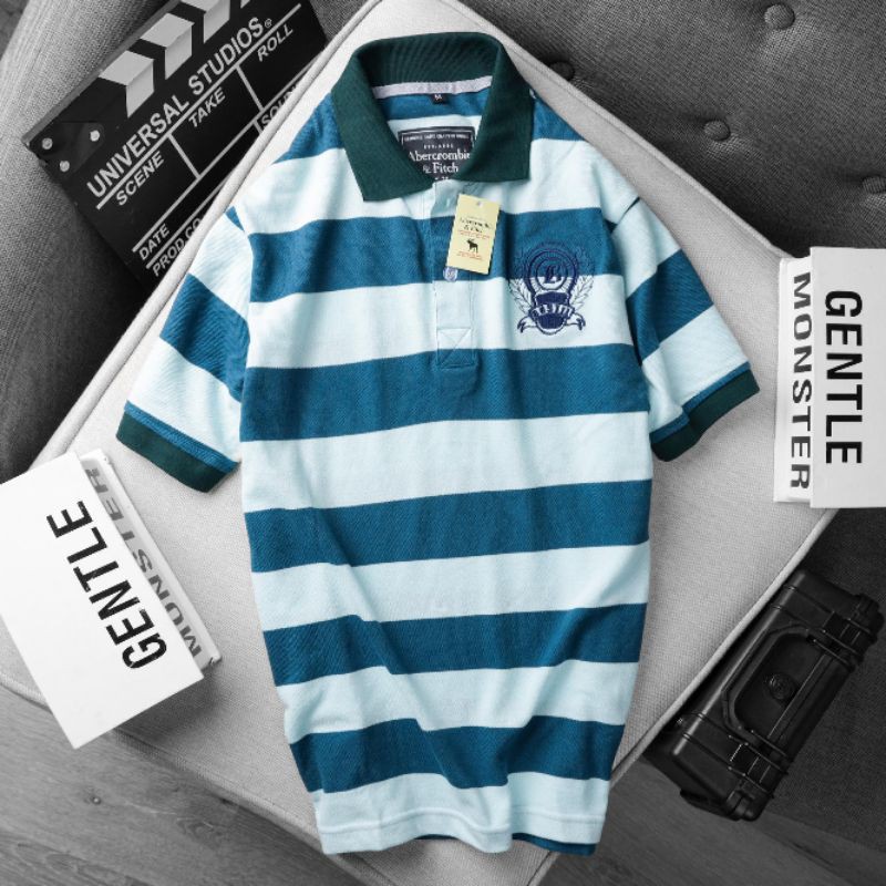 Áo thun cá sấu sọc cotton xanh
