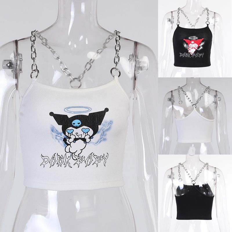 Áo hai dây hở lưng phối dây chuỗi xích không tay in hình Anime Kuromi cho nữ